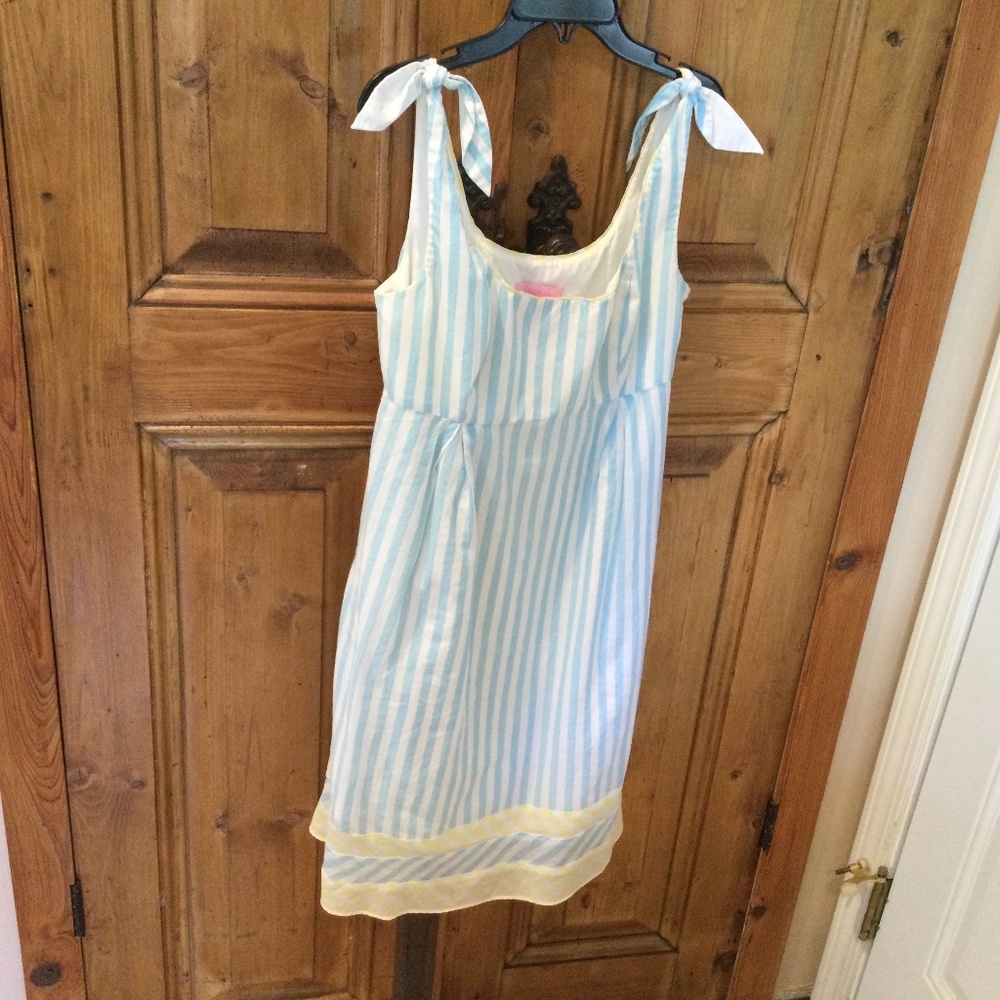 Lilly Pulitzer Light Blue and White Striped Midi Dress with Yellow Trim